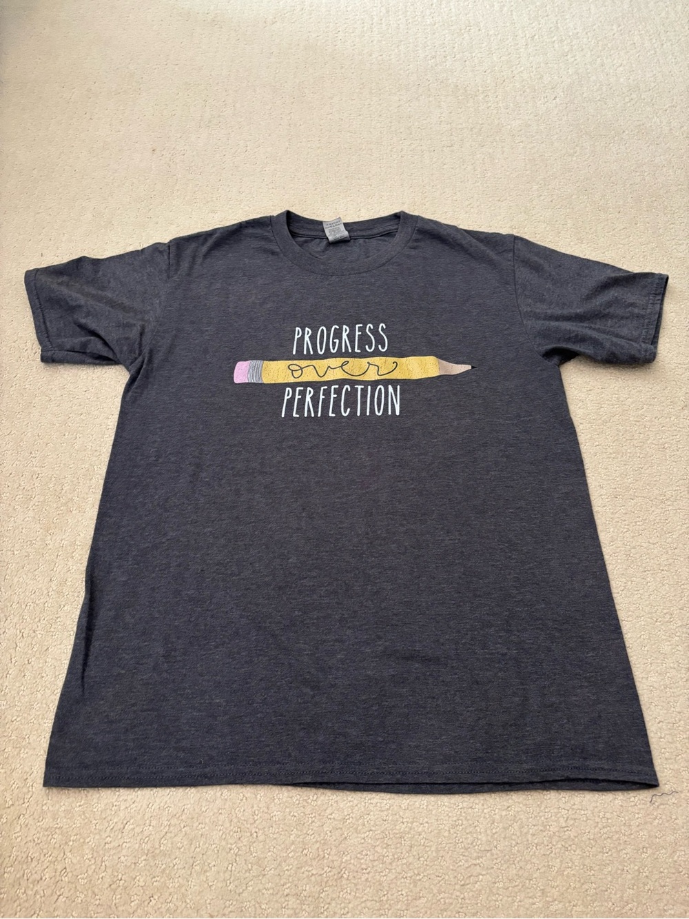 Progress Over Perfection Pencil Graphic Teacher Tee - Dark Gray Gildan T-shirt
